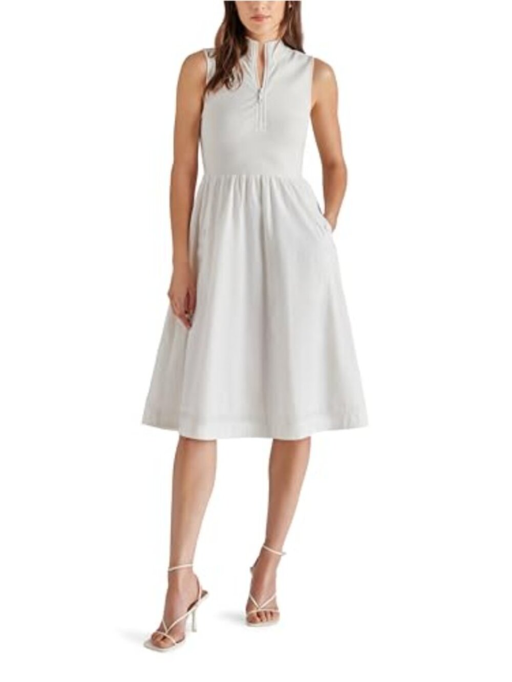 Sleeveless Collared A-Line Midi Dress with Pockets & Ruffle Details